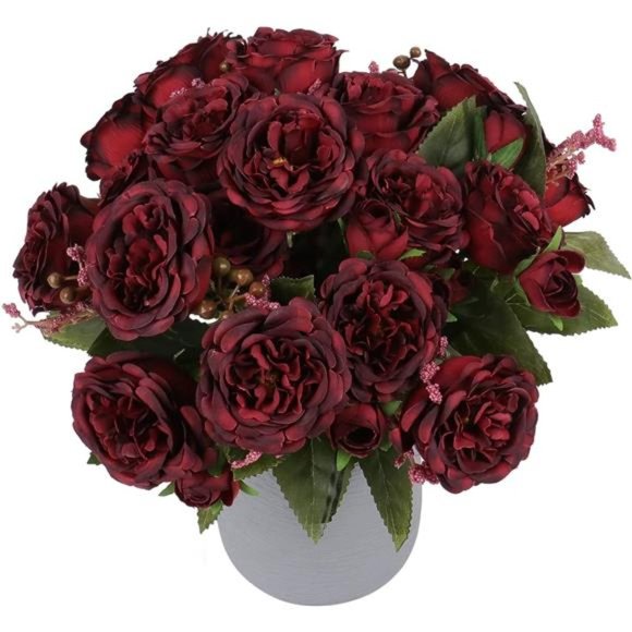 Artificial Peonies Silk Flowers, Burgundy Faux Peony Bouquet 4 Bundles Florals - Picture 1 of 6